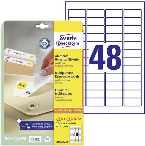 Avery Zweckform Universal-Etiketten Weiß, wiederablösbar, B: 45,7 mm, H: 21,2 mm - Bild 1