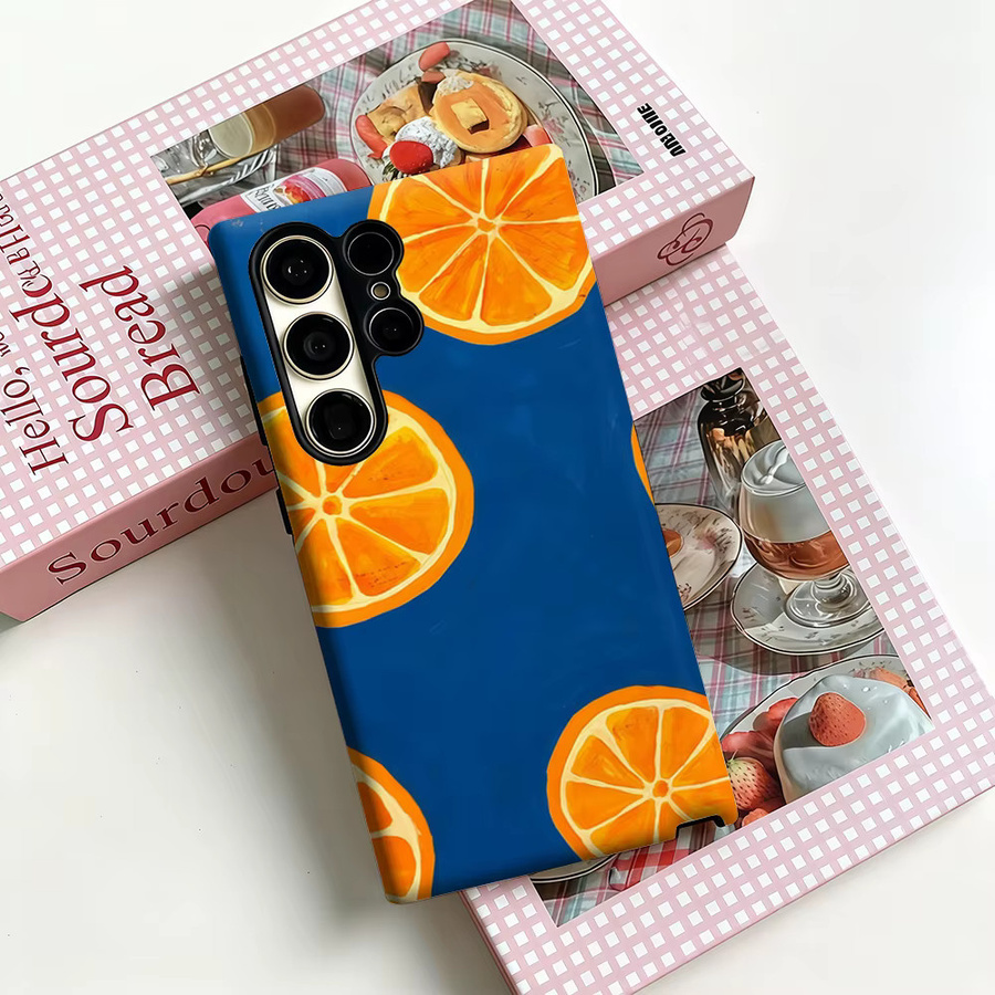 Stoßfeste Doppelschicht Handyhülle mit Königsblau-Orange-Scheiben-Print für Samsung Galaxy S25 Ultra, S24 und S23 Ultra Plus - Bild 3