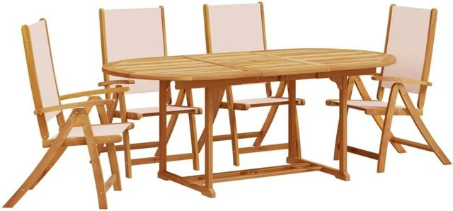vidaXL 5-tlg Garten-Essgruppe aus Akazien-Massivholz und Textilene, erweiterbar, Beige/Creme - Bild 1