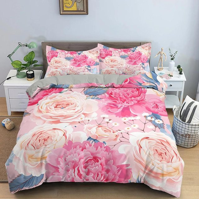 Bettwäscheset Your Warm Home mit 3D-Rosenblumen-Design in Pink, bestehend aus Bettbezug mit Reißverschluss und Kissenbezügen aus Polyester - Bild 1