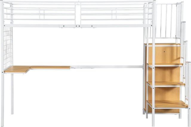 KOMHTOM Etagenbett für Kinder mit Tisch, Kleiderschrank und Treppe, Weiß und Natur, B/T/H: 200 x 90 x 170 cm - Bild 1