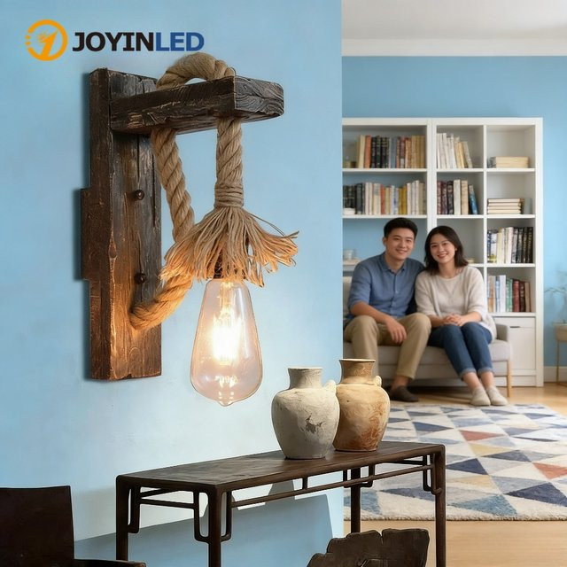 JOYINLED Retro Industrie Wandleuchte aus Holz mit transparentem Glas für Schlafzimmer und Flur - Bild 1