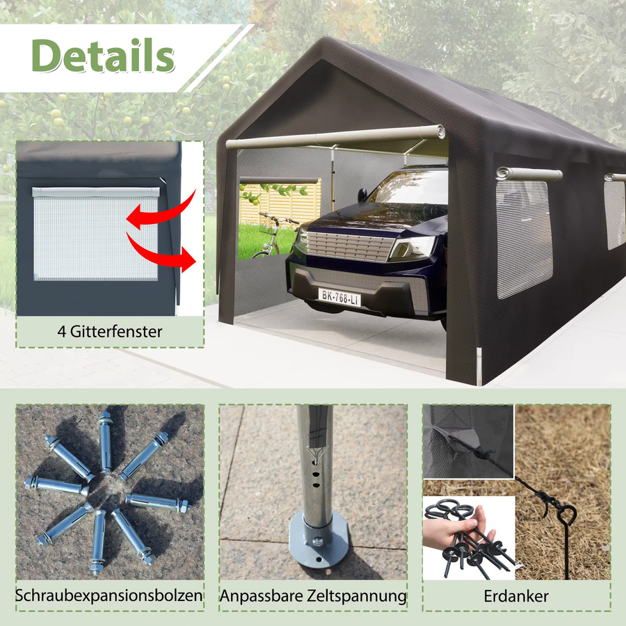 THANADDO Schwerlast-Carport mit Giebeldach in Grau, wasserdichte Outdoor-Autoüberdachung aus verzinktem Stahl mit Netzfenstern, B/T/H: 609,6 x 592,84 x 276,75 cm - Bild 6