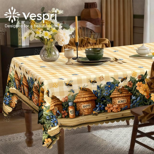 Vespri Frühlings- und Oster-Tischdecke mit Blumen- und Wabenmuster in Gelb-Weiß - Bild 1