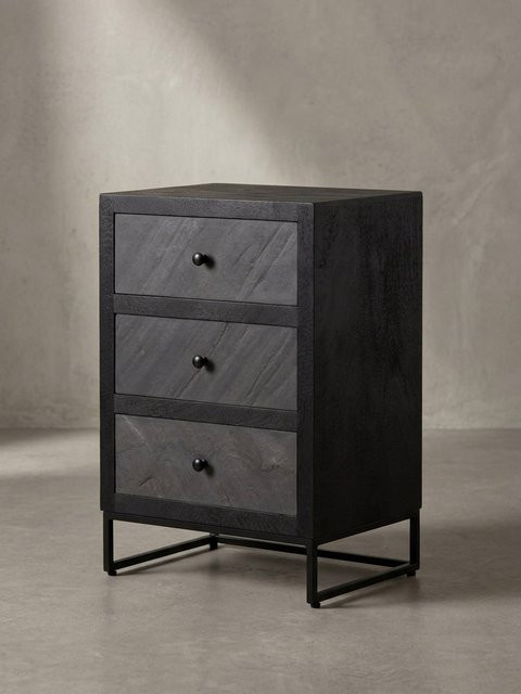 KADIMA DESIGN Nachttisch in Steinoptik mit 3 Schubladen aus Massivholz und Metallgestell, Schwarz, B: 40 cm, T: 30 cm, H: 60 cm - Bild 1