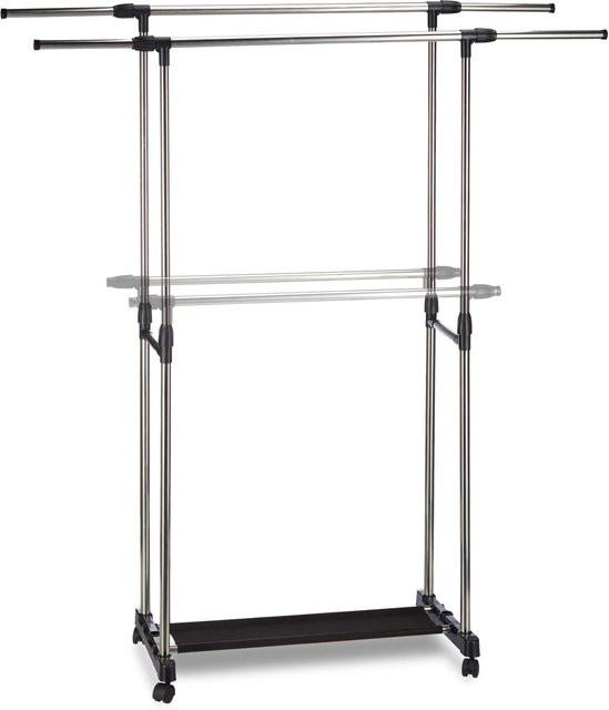 Relaxdays Rollgarderobe aus Edelstahl in Schwarz, höhenverstellbar und mobil mit 2 Kleiderstangen, H: 162 cm, B: 150 cm, T: 48 cm - Bild 1