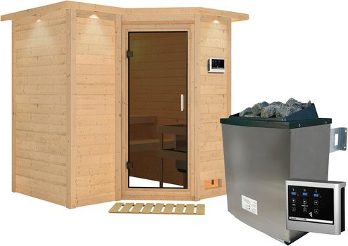 Karibu Sauna Riga 1 aus Fichtenholz mit 9 kW Saunaofen und externer Steuerung für 3 Personen, Farbe: beige - Bild 1