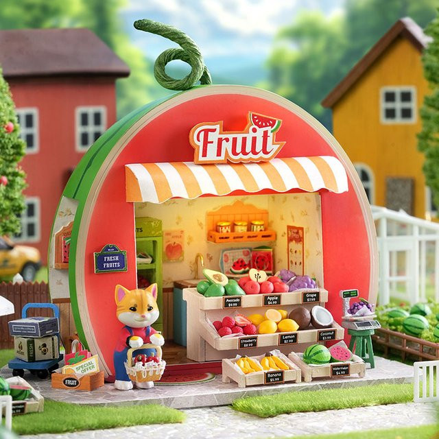 zuuton DIY Miniatur Puppenhaus Kit Süße Katze Obstladen, 3D Holzpuzzle Modellbausatz, mit LED Licht, ab 14 Jahren - Bild 1