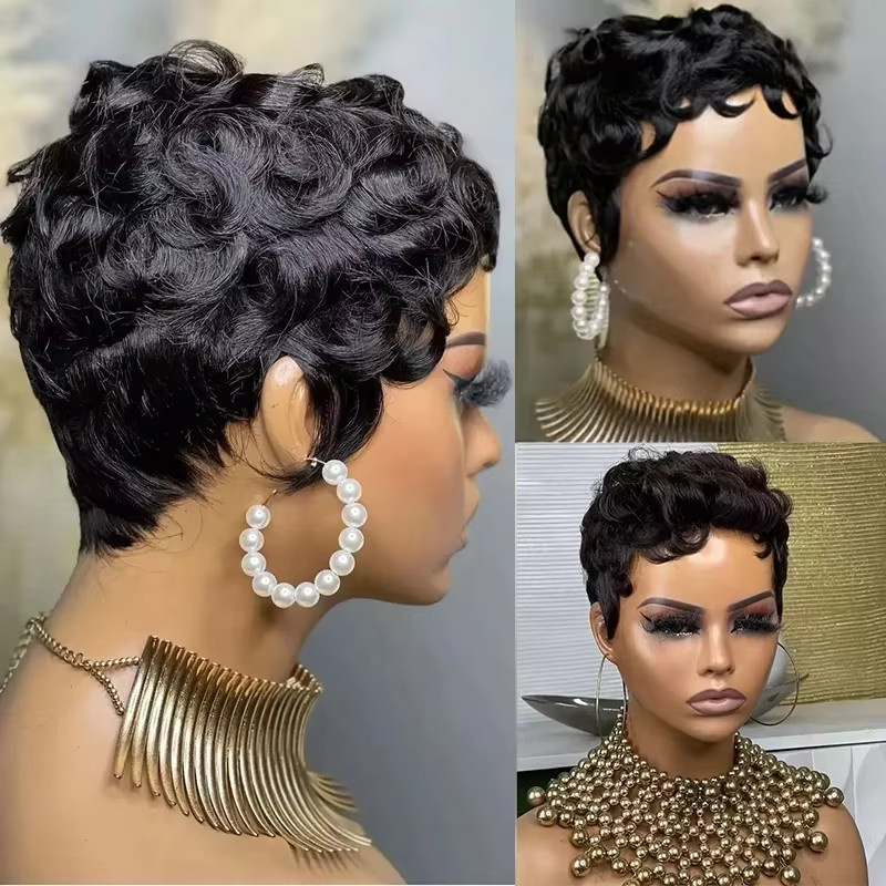 Cindi Leive Perücke, Pixie-Schnitt, schwarz, lockig, brasilianisches Remy-Haar, 150 % Dichte, Damen - Bild 5