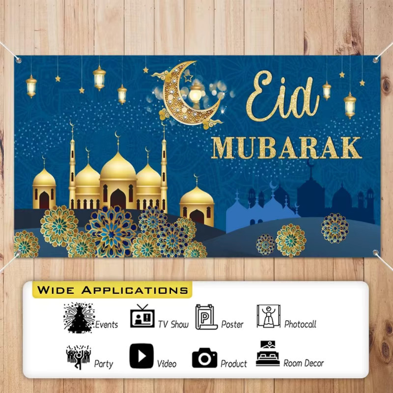 VIKAMA Eid Al Fitr Wandteppich in Blau mit geometrischem Muster und Mond als muslimische Ramadan-Partydekoration, B: 75 cm, H: 58 cm - Bild 2