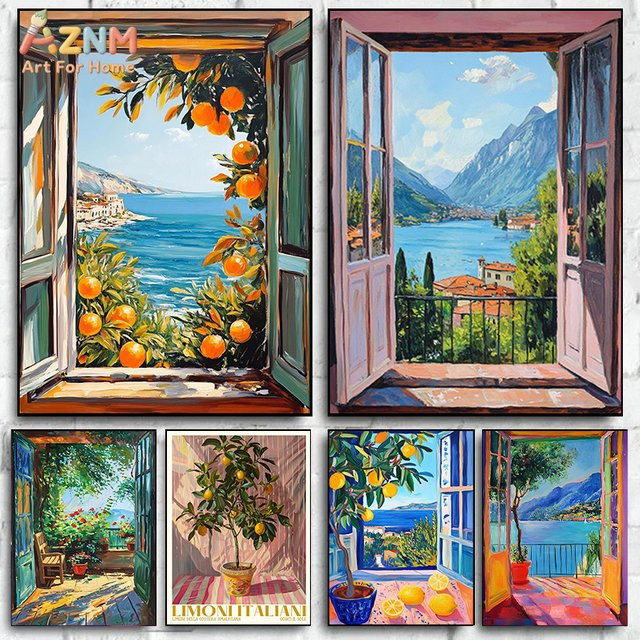 Gemälde Offenes Fenster im Stil von Henri Matisse als Kunstdruck mit Mittelmeer-Landschaft, Orangenbaum und Küstenansicht in Mehrfarbig - Bild 1