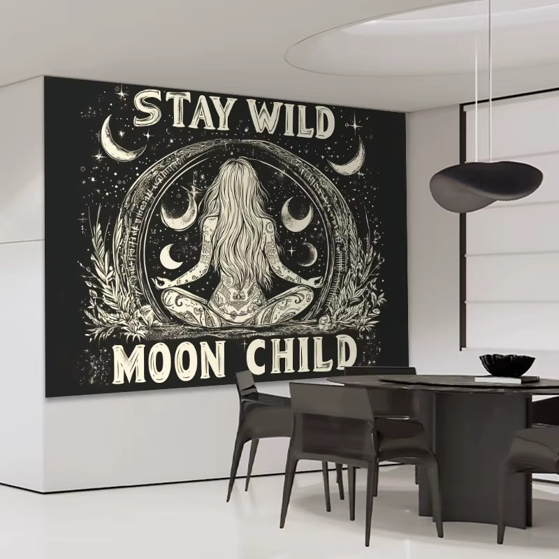 VIKAMA Stay Wild Moon Child Wandteppich Dark Forest Astrology Wandbehang in Schwarz für dein Schlafzimmer oder Yoga-Studio - Bild 2