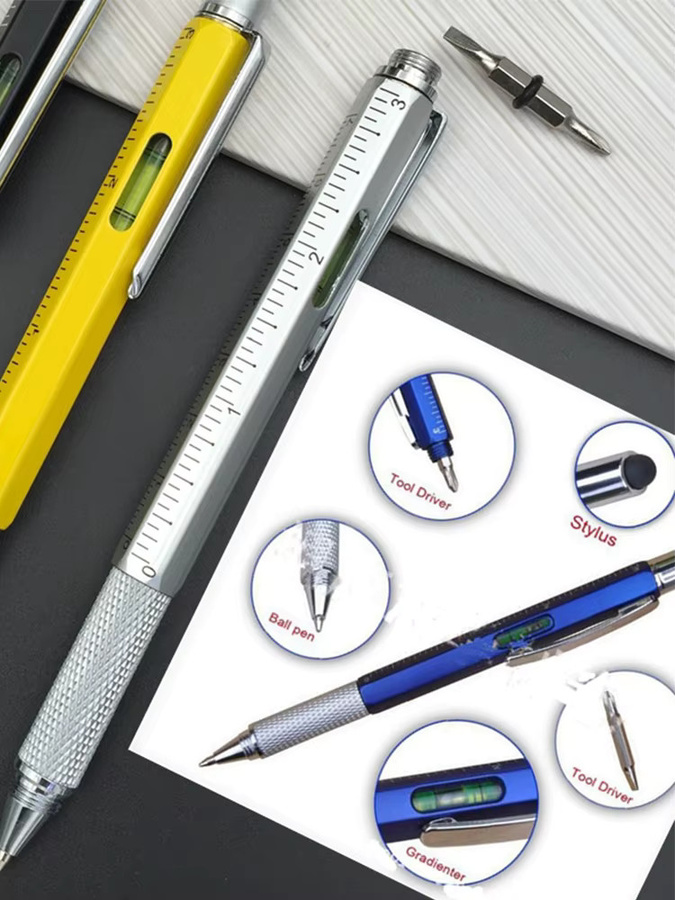 7-in-1 Multifunktions-Kugelschreiber aus Metall mit Handmesswerkzeug, Lineal, Stylus, Schraubendreher und Wasserwaage in Silber - Bild 4
