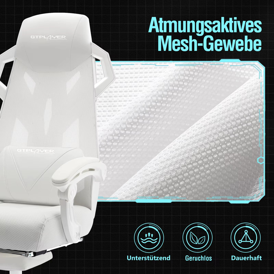 GTPLAYER Ergonomischer Gamingstuhl in Weiss mit verstellbarer Lordosenstütze und Kopfstütze aus PU-Leder - Bild 2