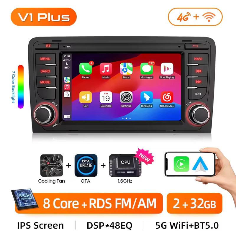 Junsun 7-Zoll Autoradio mit kabellosem CarPlay und Android Auto für Audi A3 8P S3 RS3 (2003-2012) in Schwarz mit GPS-Navigation, Bluetooth, FM RDS, DSP und IPS Touchscreen - Bild 4