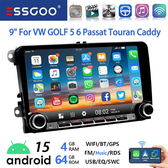 ESSGOO Android 15 Autoradio mit 9 Zoll Display, 64GB Speicher, kabelloses CarPlay, GPS, Wi-Fi und Bluetooth für VW Golf 5 6 Plus, Touran und Caddy, Schwarz - Bild 1