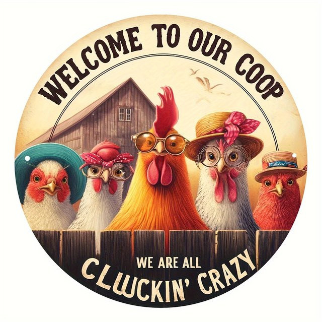 Potdemiel Aluminium-Metallschild Welcome to Our Coop – We Are All Cluckin' Crazy Lustige Hühnerstall Wandkunst im Landhausstil, Mehrfarbig, B/H: 20,3 x 20,3 cm - Bild 1