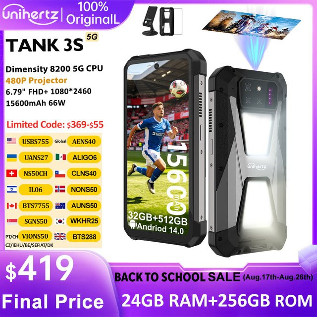 Unihertz Tank 3s 8849 Smartphone mit Projektor, 512 GB Speicher, 15600 mAh Akku, Schwarz - Bild 1