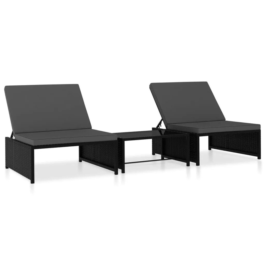 furnicato Sonnenliegen Set aus 2 Stück mit Tisch aus schwarzem Poly Rattan und wetterfesten Polstern - Bild 2