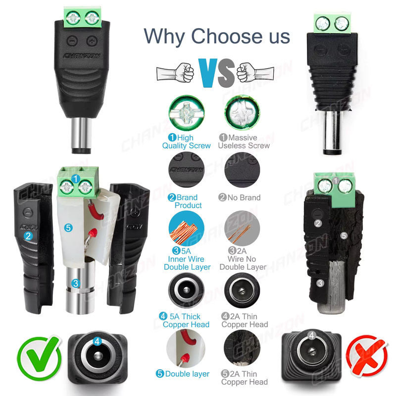CHANZON 10er Set DC-Stromanschlussbuchsen 2,1 mm x 5,5 mm als Schraubadapter in Schwarz für LED-Streifen und CCTV-Kameras - Bild 2
