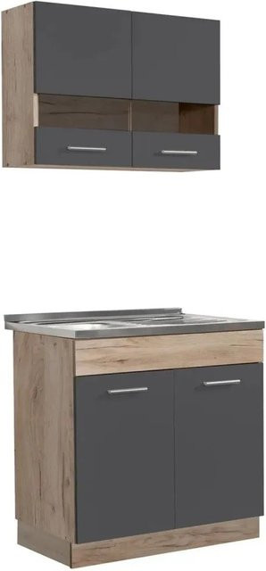 Homestyle4u Küchenzeile modern in Eiche Grau mit Glastüren und Holzmaserung B/T/H: 80 x 51,5 x 81 cm - Bild 1