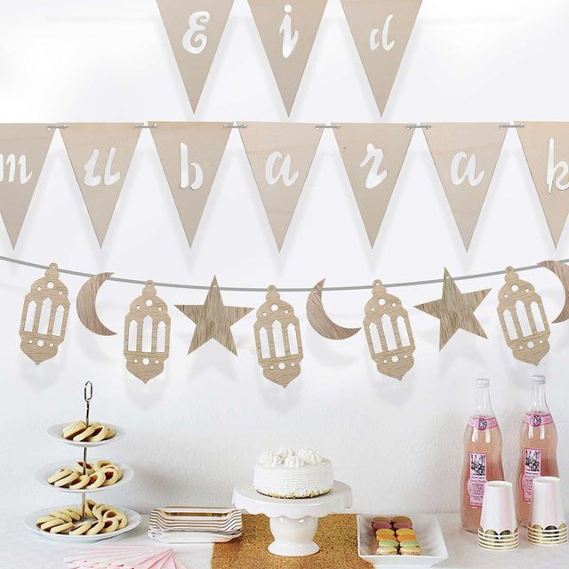 Tissy Eid Mubarak Holz Girlande Banner in Beige zur Wanddekoration für Ramadan und Eid al-Fitr - Bild 1