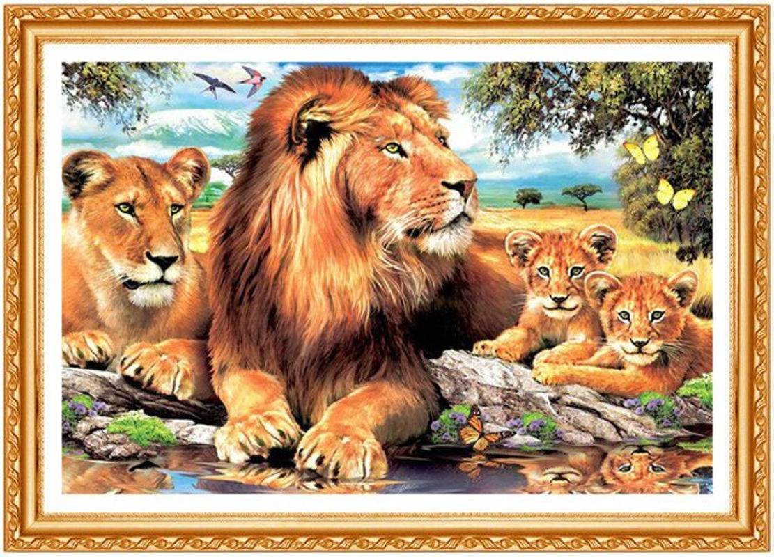 FIYO Diamond Painting Löwenfamilie mit runden Steinen, mehrfarbiges Strassgemälde zur Dekoration, Breite: 20 cm, Höhe: 30 cm - Bild 1