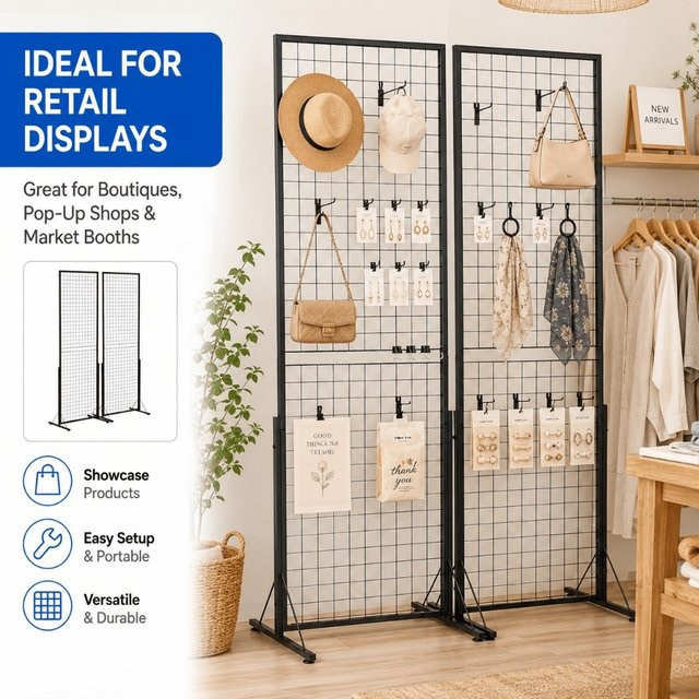 2er-Pack doppelseitiger Drahtgitter-Präsentationsturm aus Metall in Schwarz mit T-Basis, Clips und Haken für Marktstände und Messen - Bild 1