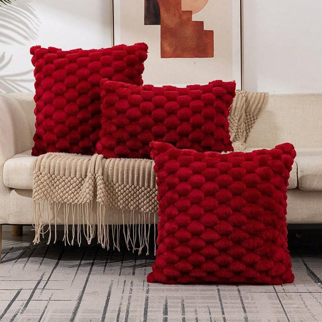 Cozy Up Home Plüsch-Dekorationskissenbezüge aus Kunstfell und Wollsamt in Rot, 3er-Set, B/B: 45 x 45 cm - Bild 1
