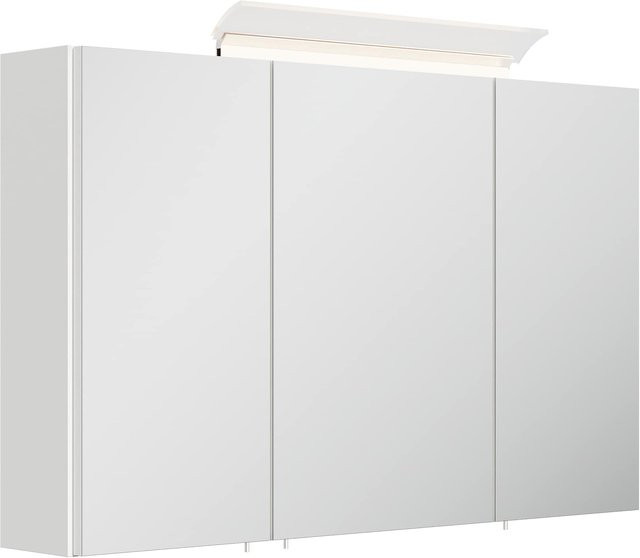 Posseik Spiegelschrank Weiß Hochglanz mit LED-Beleuchtung, Glasböden und Steckdose, Breite: 100 cm - Bild 1