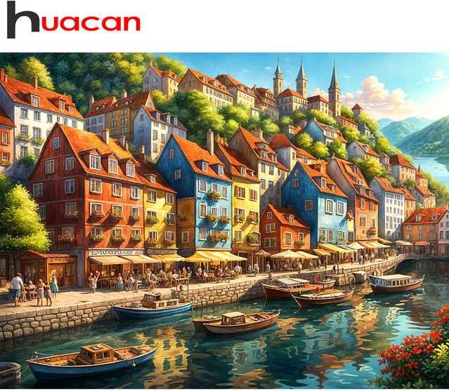 Huacan Diamant-Mosaik-Set Haus-Landschaft in Multicolour mit Rund- und Quadrat-Malerei, Breite: 30,0 cm, Höhe: 20,0 cm - Bild 1
