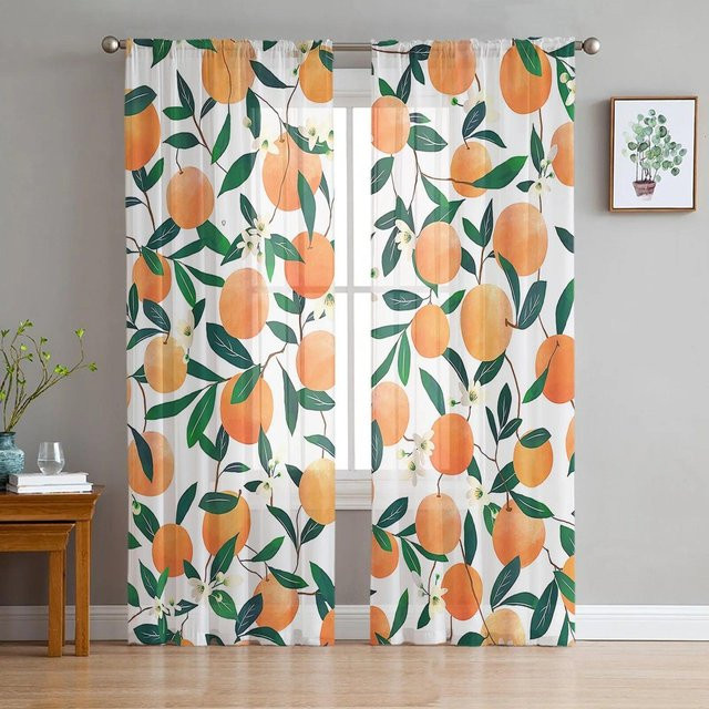 Yiran Furniture Transparentes Voile-Vorhang mit Orangefarbenem Blumen- und Blattmuster aus Chiffon, Breite: 135 cm, Höhe: 114 cm - Bild 1