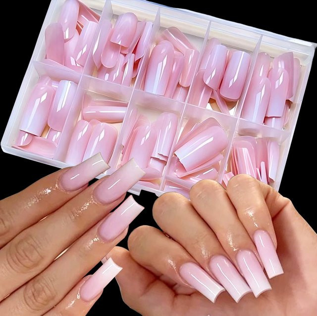 MAFANAILS Kunstnägel, rosa bis weißes Ombre, quadratisch, glänzend, 120 Stück - Bild 1
