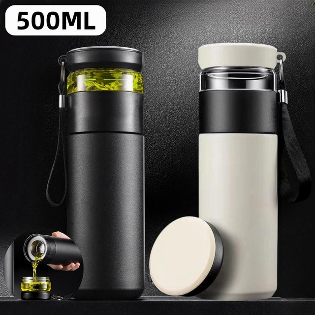 TCJJ Isolierflasche aus Edelstahl mit Tee-Ei und Tee-Aufbewahrungsgriff, 500 ml, in Schwarz oder Weiß - Bild 1