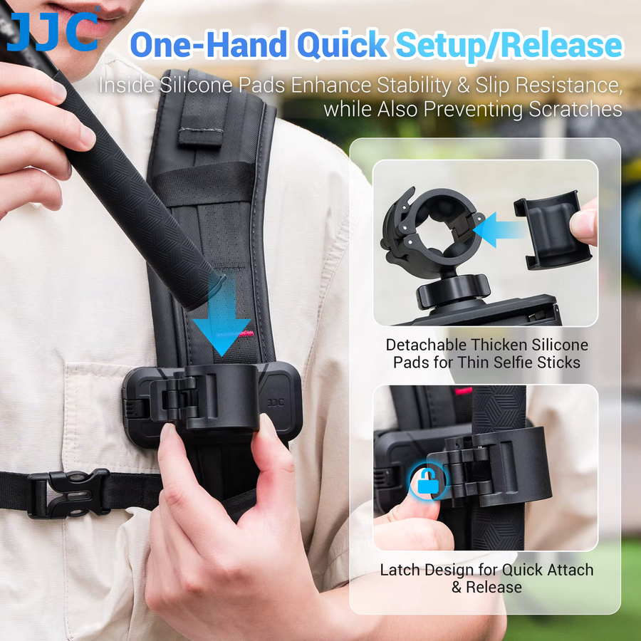 JJC Selfie-Stick-Holster Rucksack-Clip-Halterung in Schwarz für Insta360 X4 X5 ACE Pro 2 GO Ultra DJI Action 6 5 GoPro 13 12 11 Action Camera Zubehör - Bild 4