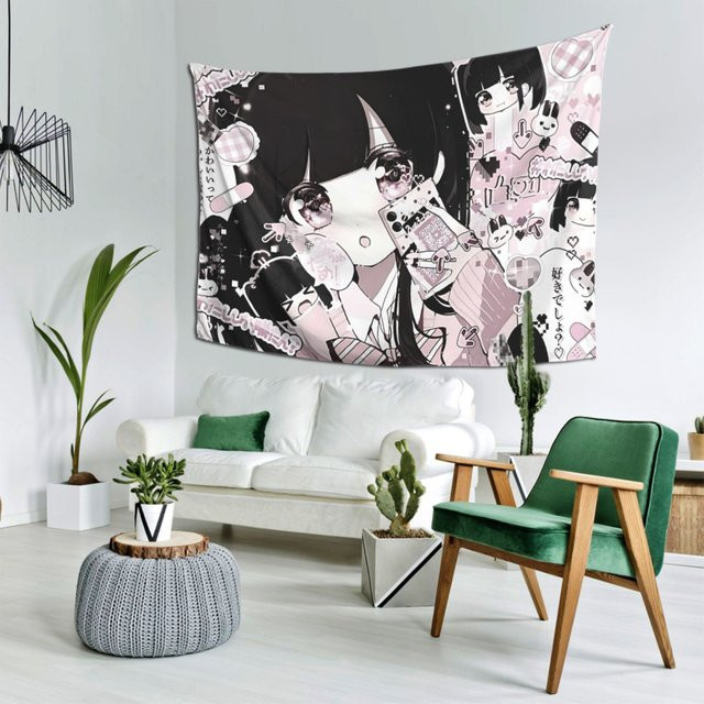 VIKAMA Wandteppich Sweet Cool Black Pink Pixel Girl im Anime-Stil, dekorative Wanddekoration, B/H: 60 x 40 cm - Bild 1