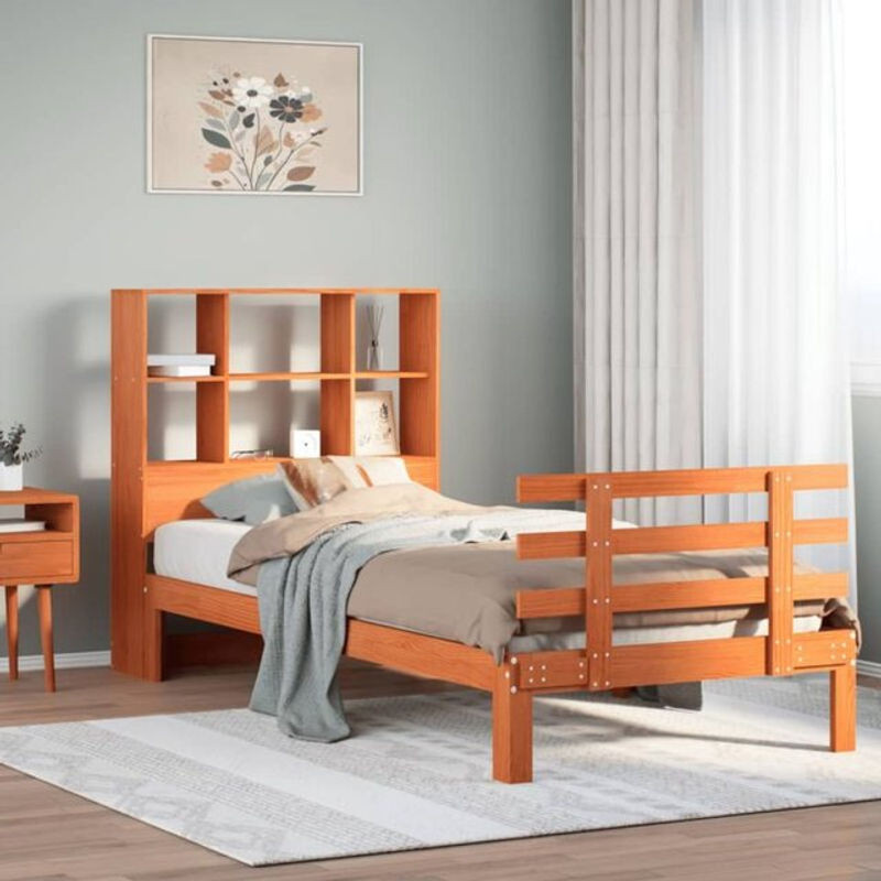 Massivholzbett aus Kiefer mit Regal von Vidaxl in Braun, B/T/H: 100 x 200 x 110 cm - Bild 1