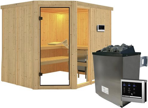 Karibu Sauna Paide 3 aus Fichtenholz in Beige inklusive 9 kW Saunaofen mit externer Steuerung für 4 Personen, B/T/H: 231 x 196 x 198 cm - Bild 1
