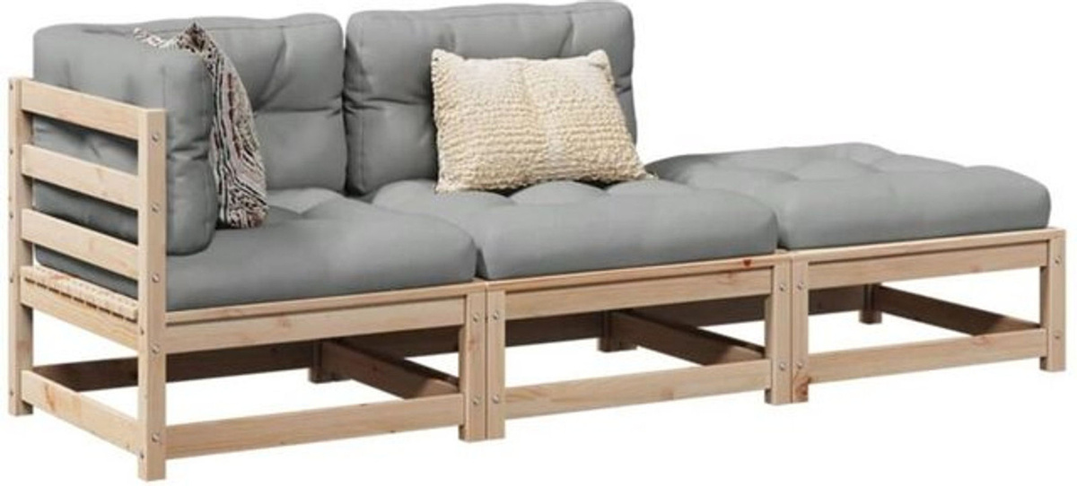 3-teilige Garten-Sofagarnitur aus Massivholz Kiefer in Rustic mit grauen Kissen von vidaxl - Bild 1