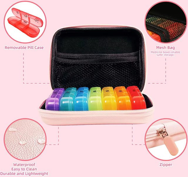 Untior Pillen-Organizer mit 21 Fächtern für 3-mal tägliche Einnahme, feuchtigkeitsbeständig, inklusive PU-Lederetui, Multicolor - Bild 1