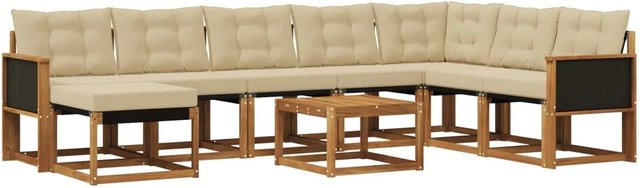 vidaXL Outdoor-Sofagarnitur in L-Form aus massivem Akazienholz mit 9 Kissen in Natur und Beige - Bild 1