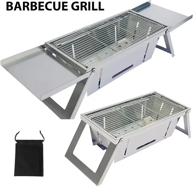 DUTRIEUX Tragbarer BBQ-Grill aus Edelstahl in Silber mit Rotisserie und Spießständer, zusammenklappbarer Holzkohleofen für Camping und Picknick - Bild 1