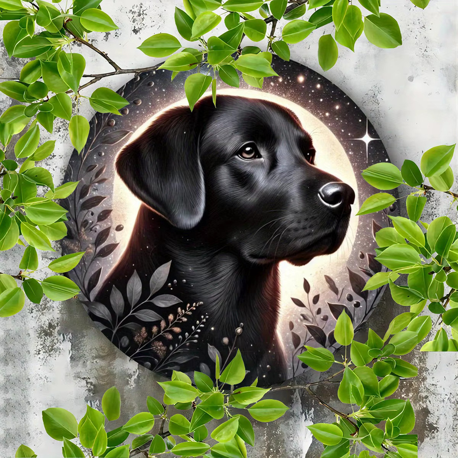 Potdemiel Runde Metallwandkunst mit schwarzem Labrador und Kätzchen im Sternennachthimmel-Design, Durchmesser: 19,81 cm - Bild 3