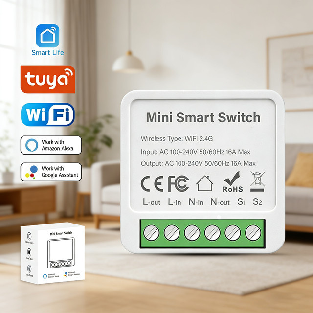 Tuya 16A WLAN Mini Smart Switch Lichtschalter Modul in Weiß mit 2-Wege-Steuerung, kompatibel mit Smart Life, Amazon Alexa und Google Assistant - Bild 1