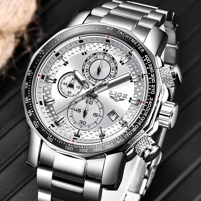 LIGE Chronograph Herrenuhr, Quarz, Edelstahl, Schwarz - Bild 3