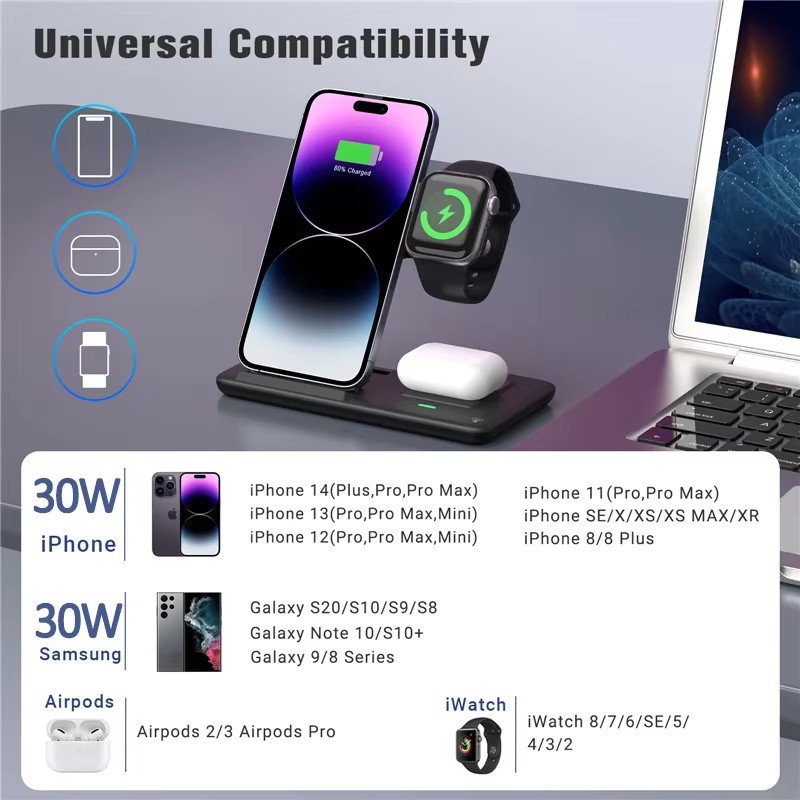 VIKEFON 3-in-1 Faltbare Kabellose Ladestation für iPhone, Apple Watch und AirPods Pro in Schwarz - Bild 3
