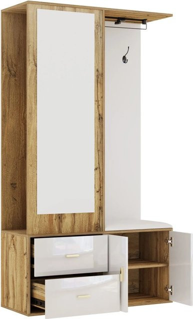 okwish Garderoben-Set für den Flur mit Kleiderschrank, Spiegel, Schuhbank und Haken in Weiß, B/T/H: 100 x 38 x 180 cm - Bild 1