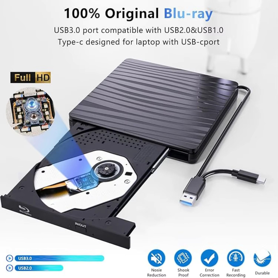 LJIAL Externes Blu-ray-Laufwerk mit USB 3.0, Tragbarer BD-RW-Brenner und DVD-CD-Player für Laptop und PC, Schwarz - Bild 4