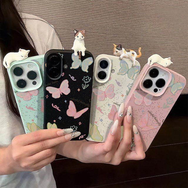 Schmetterling iPhone Handyhülle mit 3D-Katzen-Lederdesign für verschiedene iPhone Modelle - Bild 1