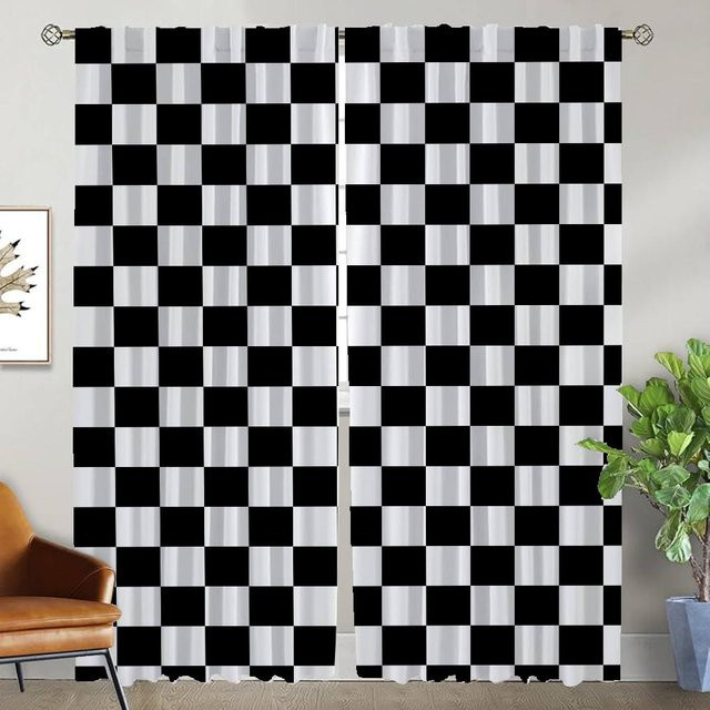 Elegante Zimmervorhänge aus Polyester im Schachbrett-Design, 2er-Set, Schwarz, Breite: 74 cm, Höhe: 114 cm - Bild 1